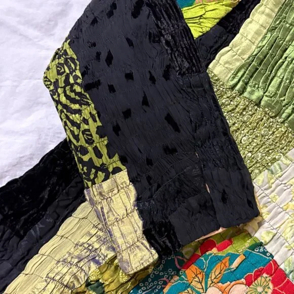 Tiger Lili VTG 80s 90s Patchwork Jacket 100% Silk Wearable Art Faux Fur Green 10 - Picture 7 of 13